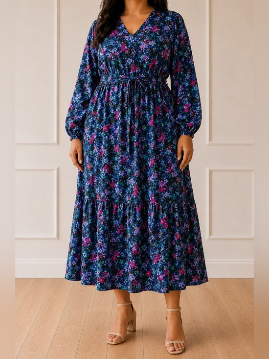 Yas Dresses & Skirts - Floral Long Sleeve Midi Dress with Waist Tie